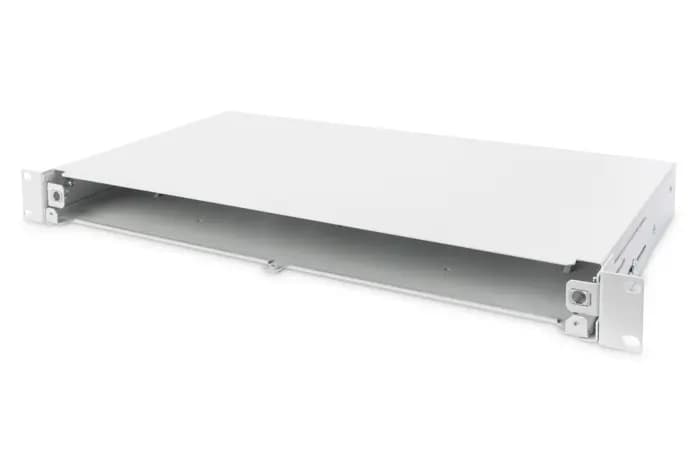 Assmann DN-96200-QL Sürgülü Boş Fiber Optik Sonlandırma Kutusu, Kilit Mekanizmalı, 1U, Ön Panel Haricen Temin Edilir, M20/M25 Vidalar Dahil, Gri Renk