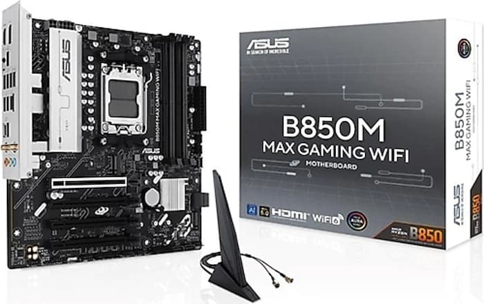 ASUS MB B850M MAX GAMING WIFI AMD B850 AM5 DDR5 8000 DP HDMI 3X M2 USB3.2 WİFİ 6 + BT AURA RGB MATX 256GB’A KADAR RAM DESTEĞİ, 8+2+1 GÜÇ AŞAMALARI, 1X