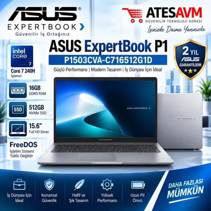 ASUS 15.6 P1503CVA-C716512G1D CORE 7 240H, 16GB, 512GB SSD, FreeDos