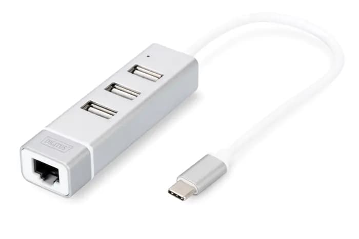 DA-70253 Digitus 3 port USB Tip C Hub & Fast Ethernet LAN Adaptörü, 3 x USB A/Diş (USB 2.0), 1 x RJ45 Dişi (10/100), 1 x USB Tip C (bilgisayar bağlantısı), alüminyum