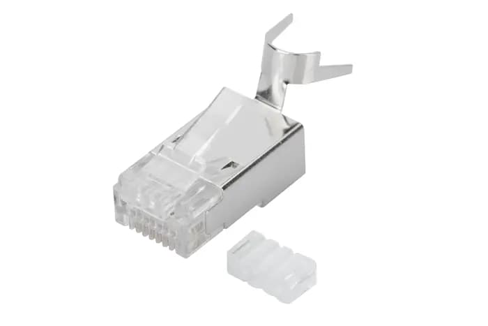 AK-219604 CAT 6A/CAT 7 Modüler Konnektör, 8P8C, AWG 22 - 23 kablo için, kablo yük taşıyıcılı (insert load bar), kılavuz (guide plate) dahil
